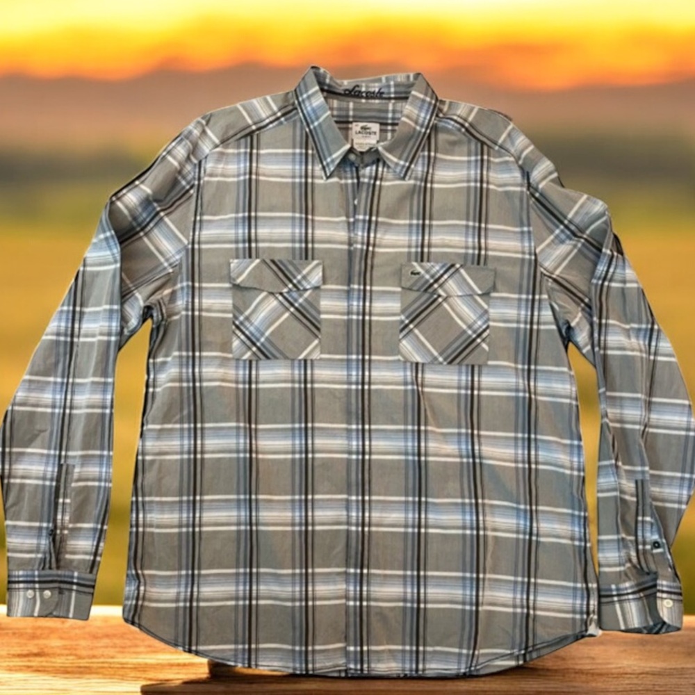 Lacoste Slim Fit Plaid Button Down Long Sleeve Shirt Gray Blue Cotton Men's 45 L